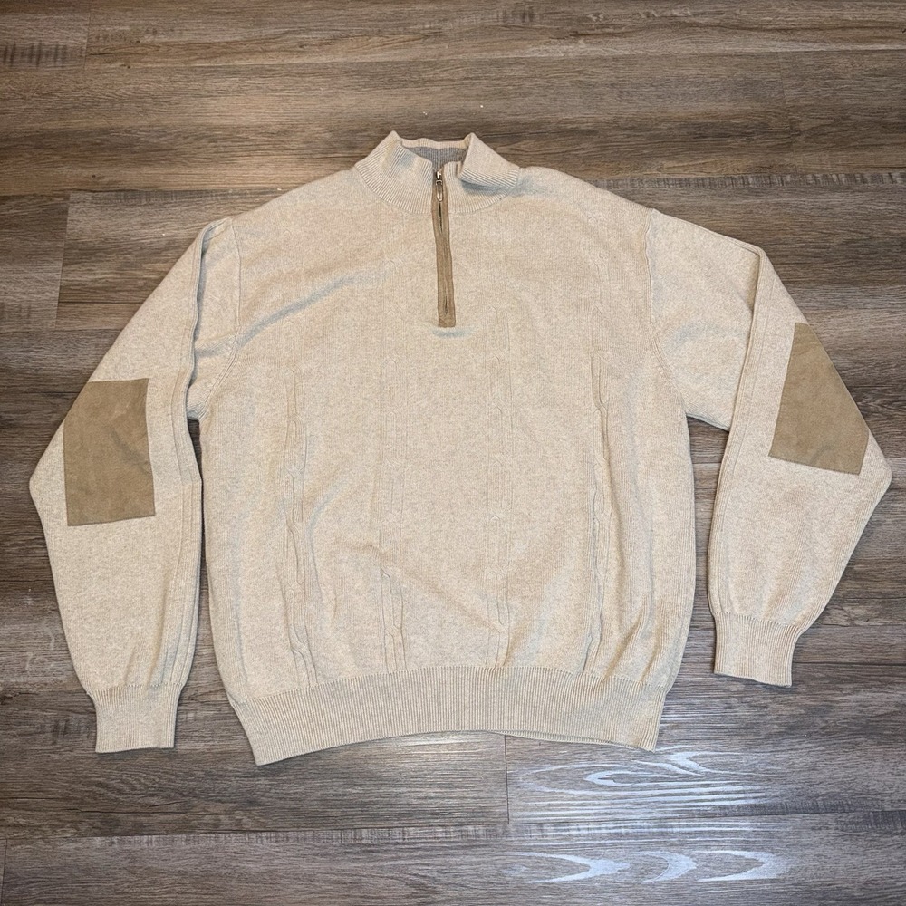 Alex Cannon Cable Knit Sweater Mens Large Long Sleeve 1/4 Closure Suede Elbow